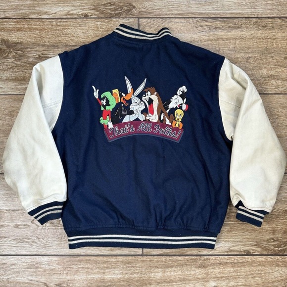 90s Warner Bros Studio Store Kids Wool Leather Varsity Jacket Blue Size XL - Picture 3 of 11